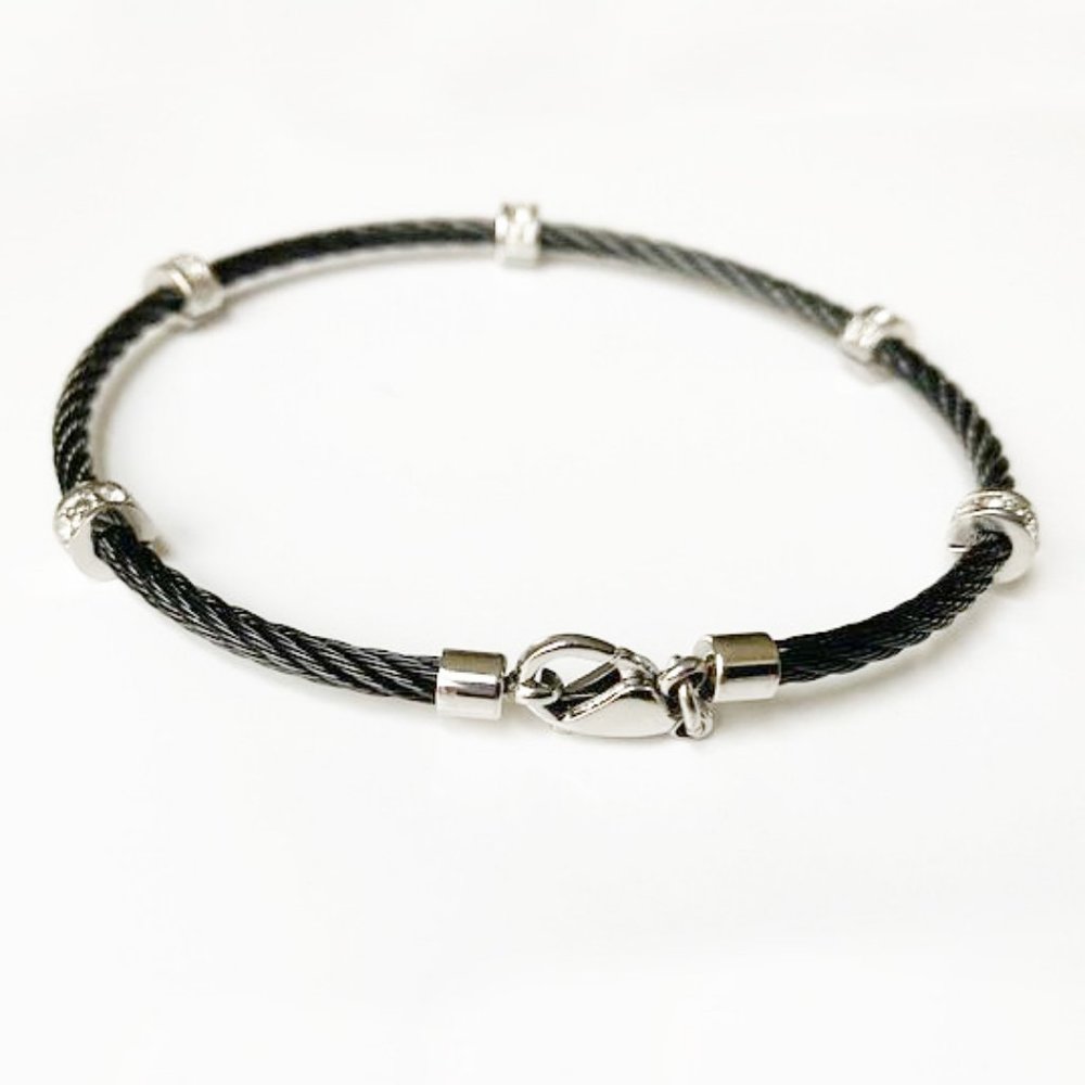 Black Cable Bracelet With Silver Beads